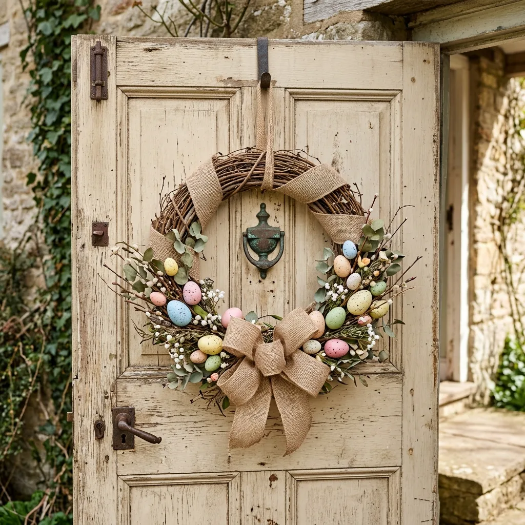 Rustic farmhouse egg wreath with burlap ribbon